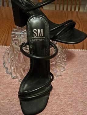 SM New York Black Strappy Block Heel Sandals - Minimalist Dress Heels